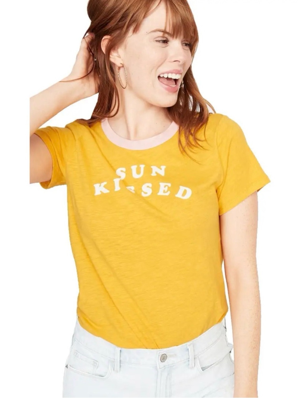 Old Navy Everywear Yellow 'Sun Kissed' Tee with Pink Trim 100%  Cotton